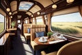luxury train, with plush seats and elegant dining car, speeding through scenic landscape Royalty Free Stock Photo