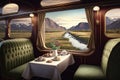 luxury train, with plush seats and elegant dining car, speeding through scenic landscape Royalty Free Stock Photo