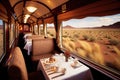 luxury train, with plush seats and fine dining, traveling through scenic natural landscape Royalty Free Stock Photo