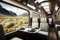 luxury train, with plush seats and fine dining, traveling through scenic natural landscape Royalty Free Stock Photo