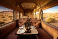 luxury train, with plush seats and fine dining, traveling through scenic natural landscape Royalty Free Stock Photo