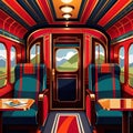 Luxury train railway travel, elegant retro vintage art deco illustration