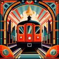 Luxury train railway travel, elegant retro vintage art deco illustration