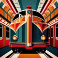 Luxury train railway travel, elegant retro vintage art deco illustration