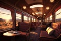 luxury train, with steam engine and luxurious interiors, heading into sunset