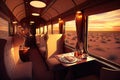 luxury train, with steam engine and luxurious interiors, heading into sunset