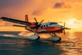 Luxury transport Seaplane landing over Maldives sea at amazing sunset Royalty Free Stock Photo