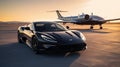 Luxury travel as you witness the grandeur of a supercar and private jet, Generative AI