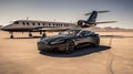 Luxury travel as you witness the grandeur of a supercar and private jet on a pristine landing strip, Generative AI Royalty Free Stock Photo