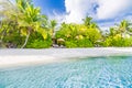 Maldives paradise beach banner. Perfect tropical island. Beautiful palm trees and tropical beach. Moody blue sky and blue lagoon Royalty Free Stock Photo