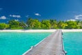 Maldives paradise beach banner. Perfect tropical island. Beautiful palm trees and tropical beach. Moody blue sky and blue lagoon Royalty Free Stock Photo