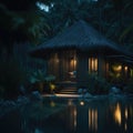 Luxury Tropical Bamboo Cabin Exterior With Swiming Pool, Vacantion and Travel Concept, Generative AI