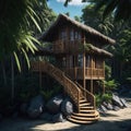 Luxury Tropical Bamboo Cabin Exterior With Swiming Pool, Vacantion and Travel Concept, Generative AI