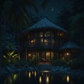 Luxury Tropical Bamboo Cabin Exterior With Swiming Pool, Vacantion and Travel Concept, Generative AI