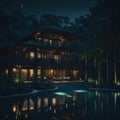 Luxury Tropical Bamboo Cabin Exterior With Swiming Pool, Vacantion and Travel Concept, Generative AI