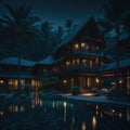 Luxury Tropical Bamboo Cabin Exterior With Swiming Pool, Vacantion and Travel Concept, Generative AI