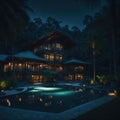 Luxury Tropical Bamboo Cabin Exterior With Swiming Pool, Vacantion and Travel Concept, Generative AI