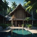 Luxury Tropical Bamboo Cabin Exterior With Swiming Pool, Vacantion and Travel Concept, Generative AI