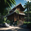 Luxury Tropical Bamboo Cabin Exterior With Swiming Pool, Vacantion and Travel Concept, Generative AI