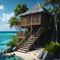 Luxury Tropical Bamboo Cabin Exterior With Swiming Pool, Vacantion and Travel Concept, Generative AI