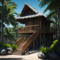 Luxury Tropical Bamboo Cabin Exterior With Swiming Pool, Vacantion and Travel Concept, Generative AI