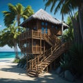 Luxury Tropical Bamboo Cabin Exterior With Swiming Pool, Vacantion and Travel Concept, Generative AI