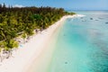 Luxury tropical beach with blue ocean in Mauritius. Sandy beach with palms. Aerial view Royalty Free Stock Photo