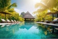 Luxury tropical hotel with pool and palm trees. Generative ai