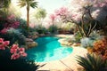 A luxury tropical resort pool in spring time. Concept illustration Royalty Free Stock Photo