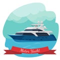 Luxury two-deck motor yacht sailing in ocean vector illustration Royalty Free Stock Photo