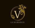 Luxury V Letter Floral Design. Circle Royal V Vintage Logo Icon Royalty Free Stock Photo
