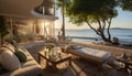 Luxury vacations in modern tropical resorts, sunset relaxation generated by AI