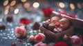 Luxury valentine chocolate in gift box and tender roses. Saltflakes and bokeh in image