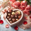 Luxury valentine chocolates in heart shaped gift box and tender flowers and make it