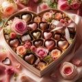 Luxury valentine chocolates in heart shaped gift box and tender flowers and make it