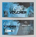 Luxury vector two side gift voucher with low poly triangle background in blue color