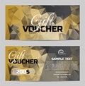 Luxury vector two side gift voucher with low poly triangle background in gold color