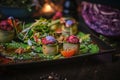 Luxury vegetarian plate of appetizer rolls and a bowl of herbs served on a wooden table next to salt grinder in a