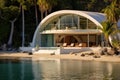 Luxury villa on the beach at sunset. Nobody inside, Photograph of large lagoon beach with minimalist architectural white slate