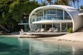 Luxury villa on the beach in the tropics, Photograph of large lagoon beach with minimalist architectural white slate beach house.