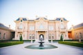 luxury villa with an elegant fountain and symmetrical topiaries