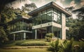 Luxury villa high class architecture in green rainforest with large glass windows Royalty Free Stock Photo