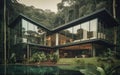 Luxury villa high class architecture in green rainforest with large glass windows Royalty Free Stock Photo