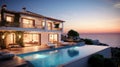 Luxury villa with pool and view of Mediterranean Sea at sunset, Greece Royalty Free Stock Photo
