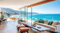 Luxury villa with terrace and floor to ceiling panoramic window with amazing sea view. Interior design of modern living room. Royalty Free Stock Photo