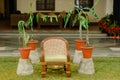 Luxury vintage armchair in front of the house surrounded by four potted plants