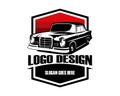 luxury vintage car logo seen from front. amazing sunset view design. Royalty Free Stock Photo