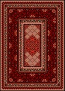 Vintage carpet with ethnic ornament in red and beige shades