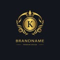 Luxury Vintage logo. Business sign, label. Gold Letter emblem K for badge, crest, Restaurant, Royalty, Boutique brand, Hotel,