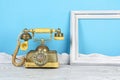 Luxury Vintage telephone and white frame. Royalty Free Stock Photo